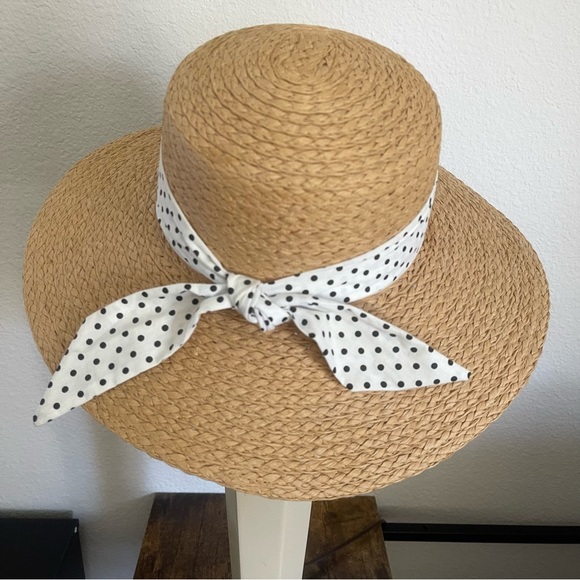 David And Young Beige Straw Hat  Black And White Polka Dot Straw Sun Hat Size M - Picture 3 of 8